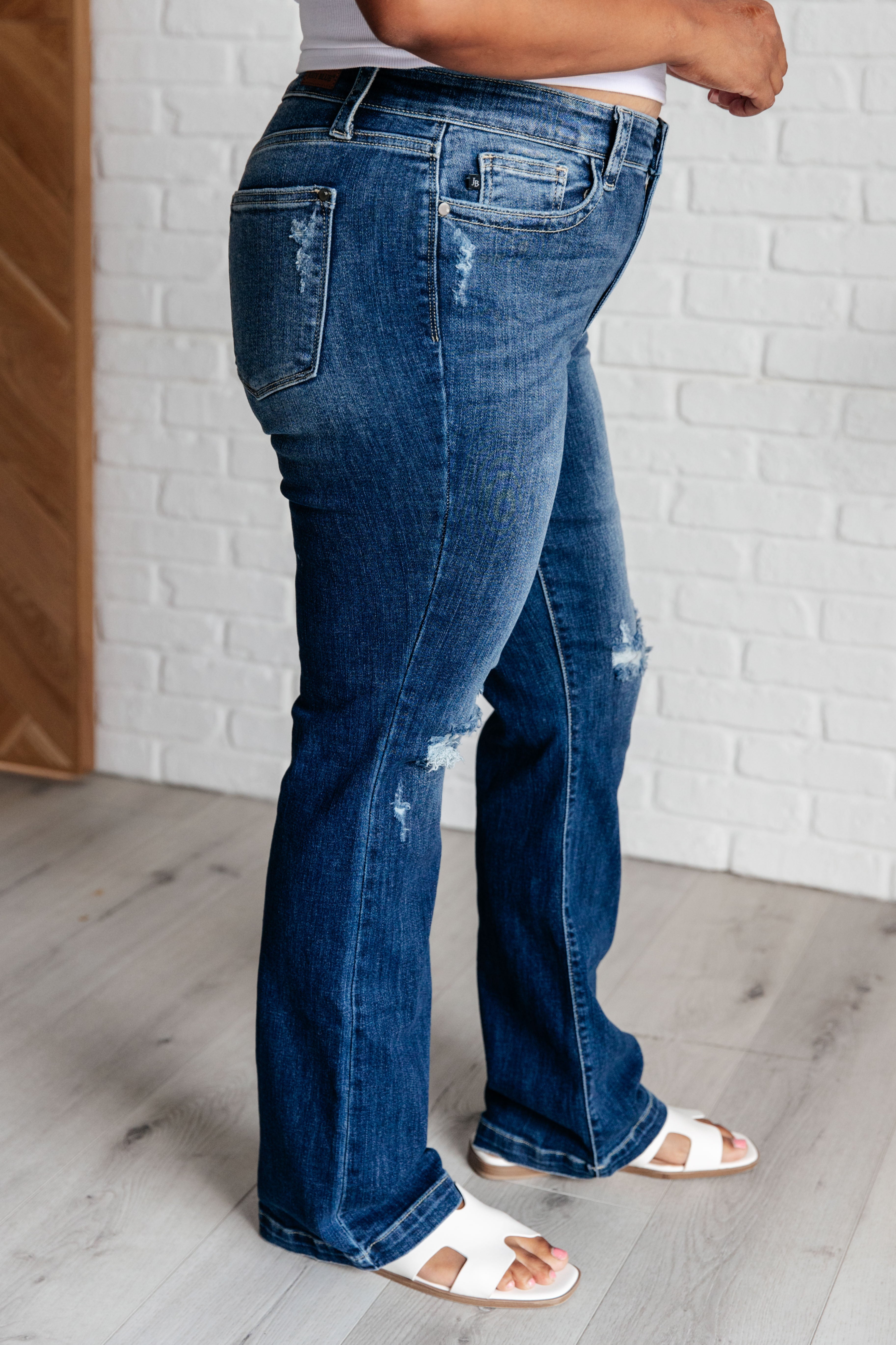 JUDY BLUE: Mila Mid Rise Distressed Bootcut Jeans