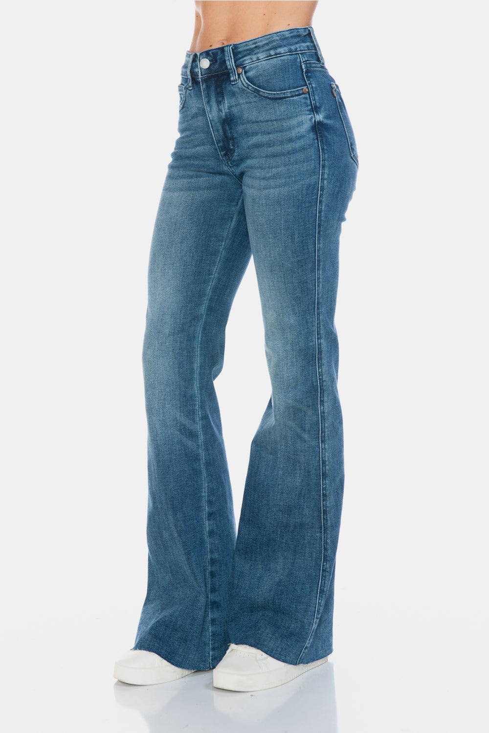 JUDY BLUE: MIDRISE Tummy Control Cut Hem Flare Jeans