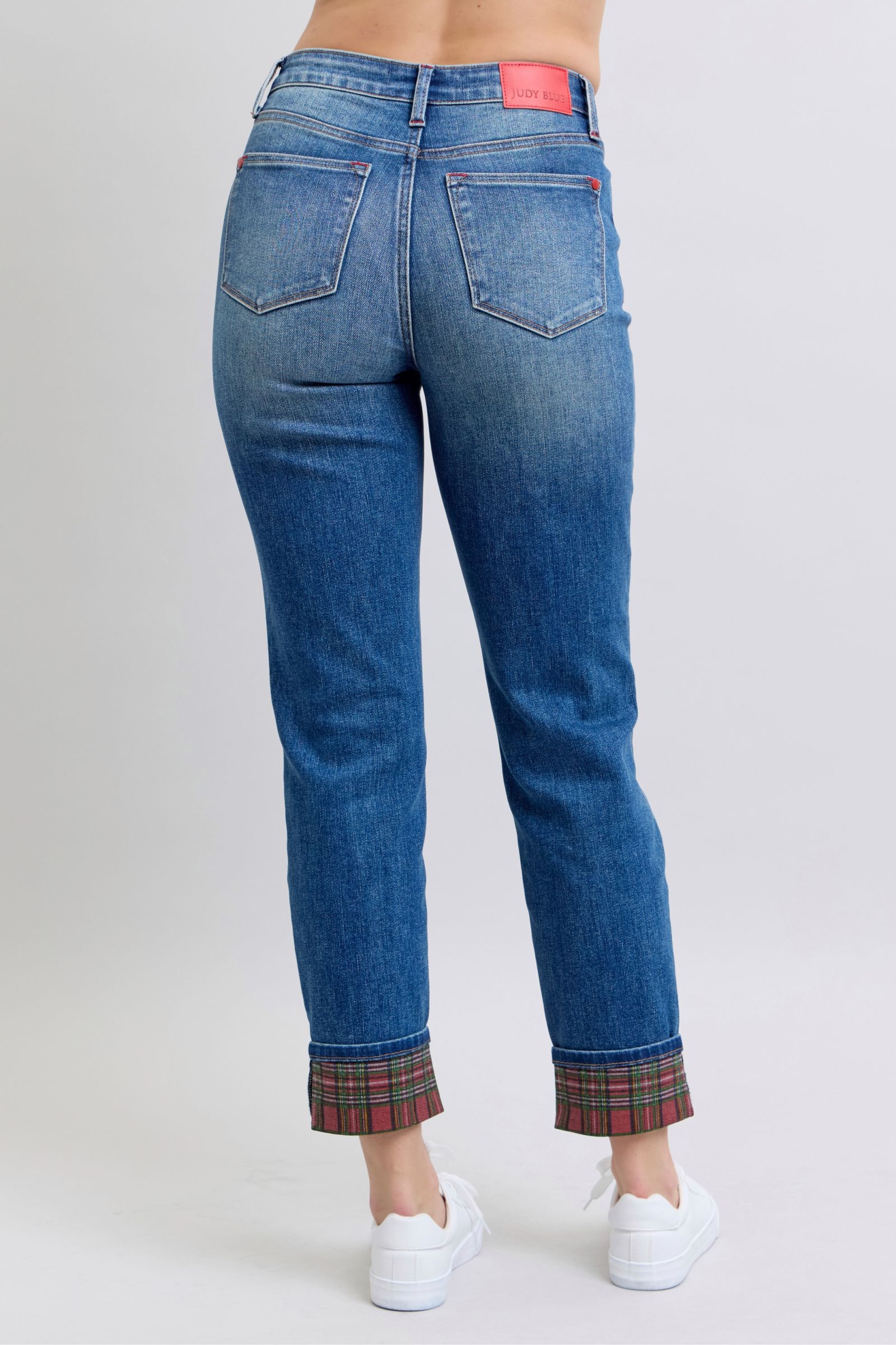 JUDY BLUE: Plaid Print Cuff Straight Leg Jeans with Pockets