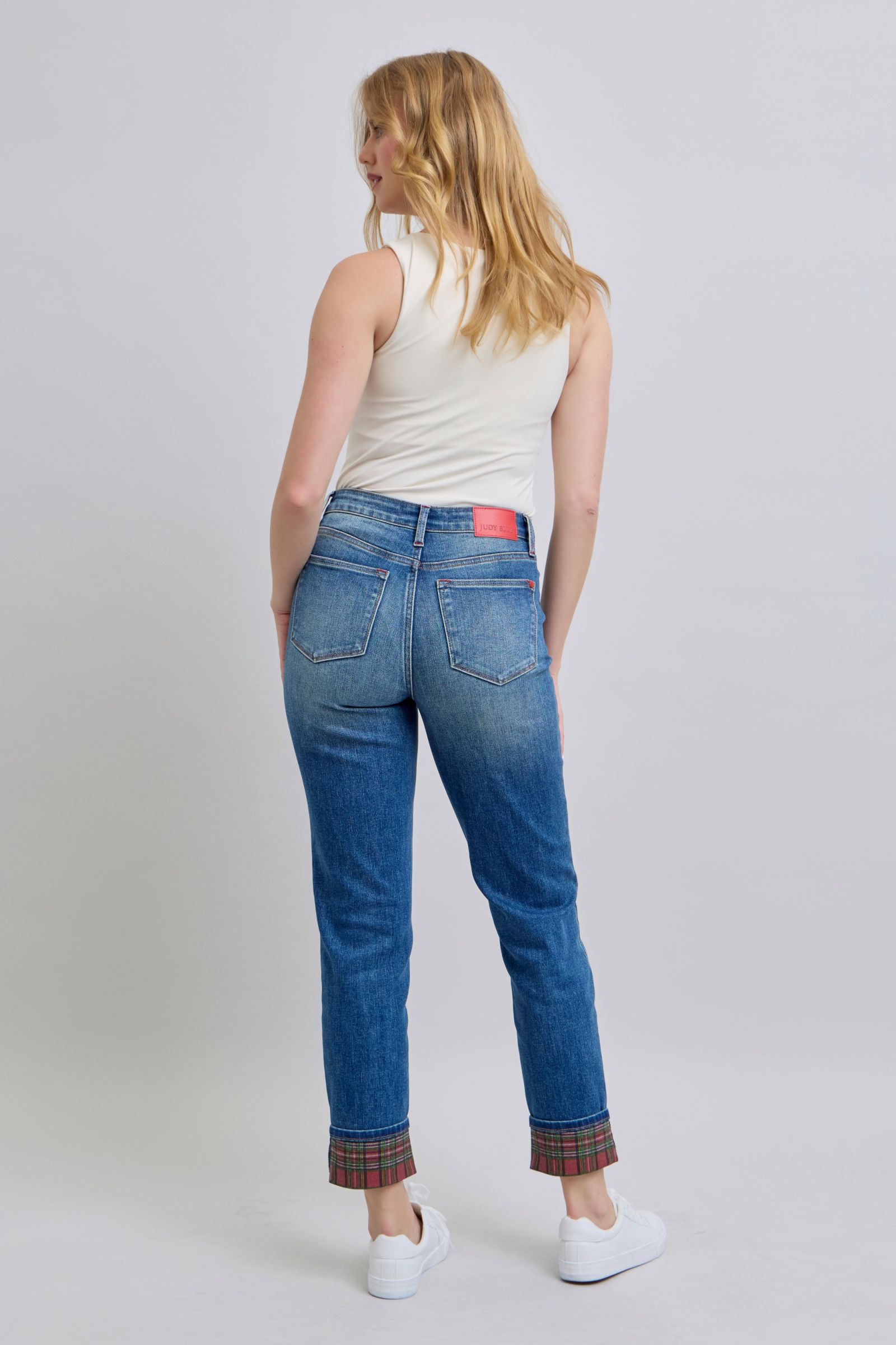 JUDY BLUE: Plaid Print Cuff Straight Leg Jeans with Pockets