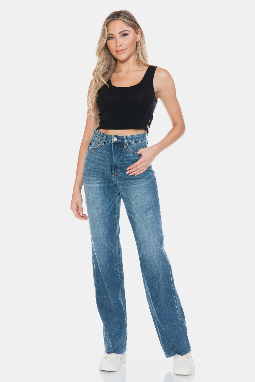 JUDY BLUE : Tummy Control Cut Raw Hem Straight Jeans