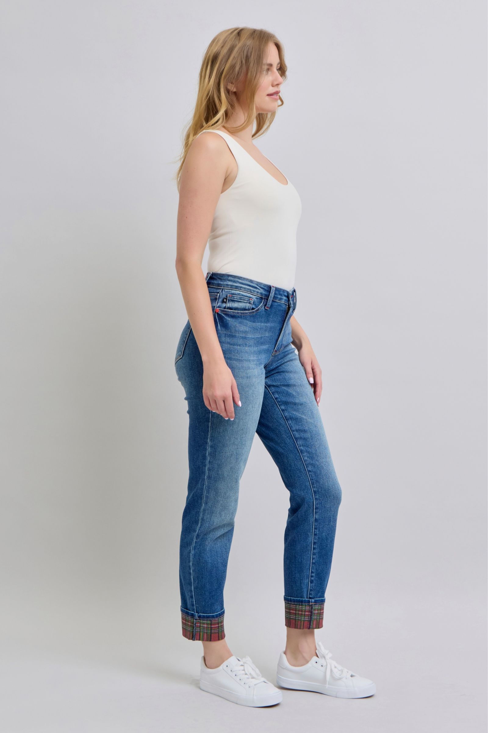 JUDY BLUE: Plaid Print Cuff Straight Leg Jeans with Pockets