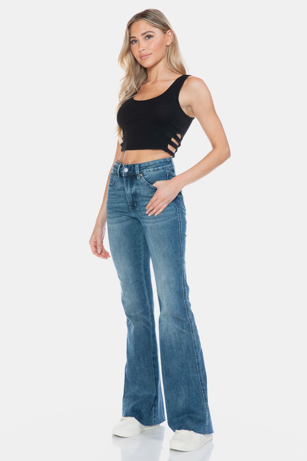 JUDY BLUE: MIDRISE Tummy Control Cut Hem Flare Jeans