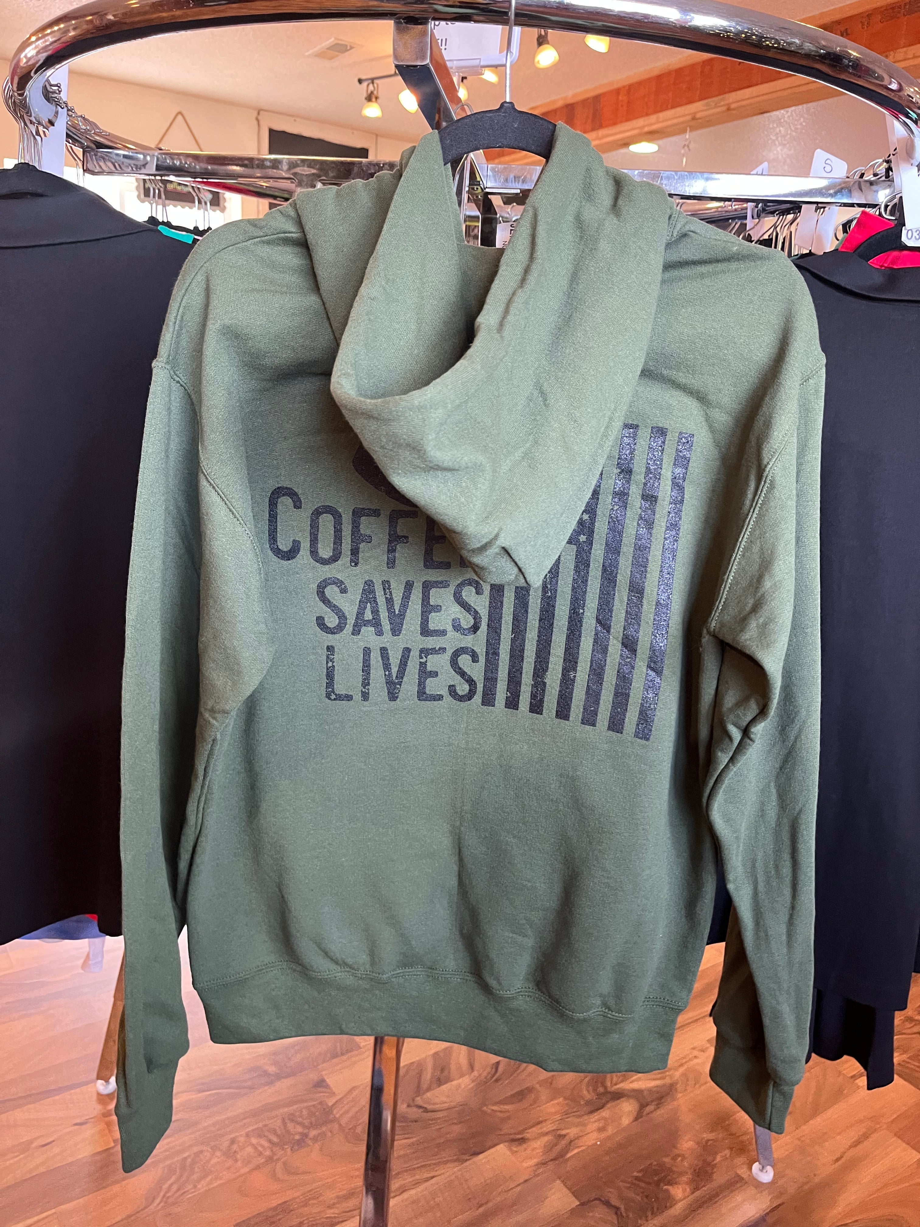 Coffee Saves Lives hoodie in military green