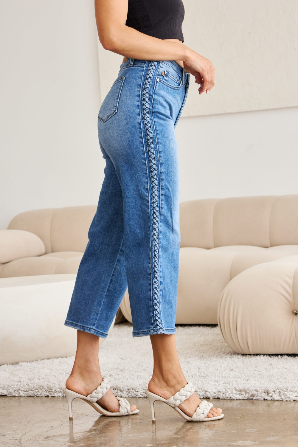 Judy Blue Braid Side Detail Wide Leg Jeans