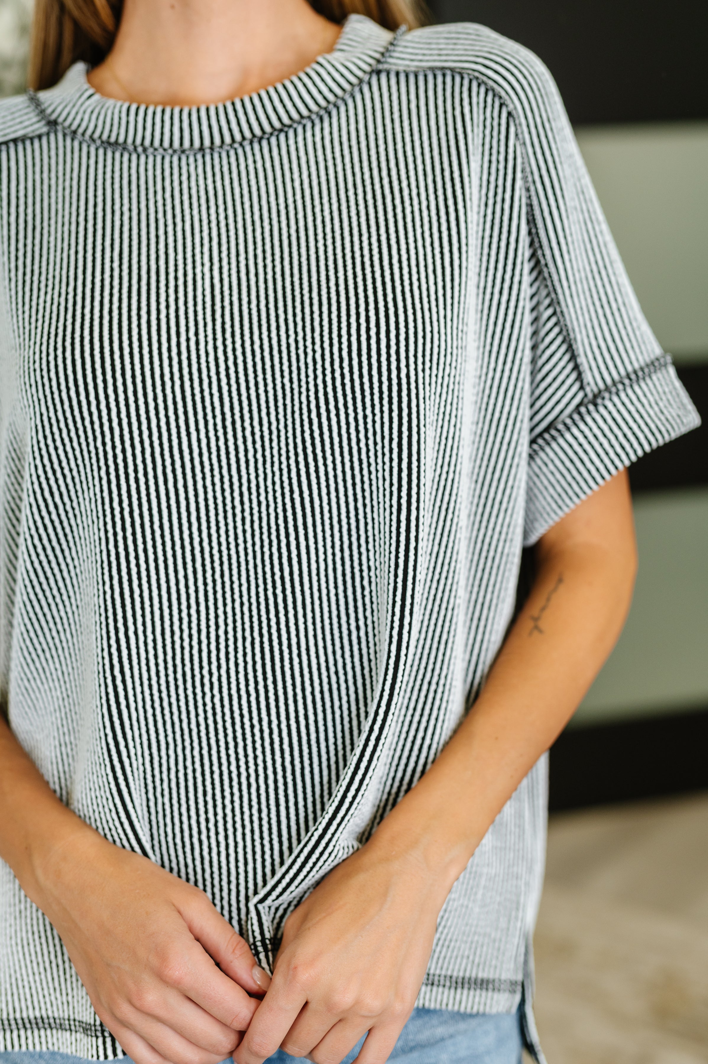 Catch Me Loungin’ Cable Ribbed Knit Top in Black and White
