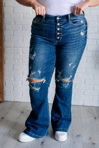 JUDY BLUE: Gabriella Mid Rise Distressed Button Fly Flare