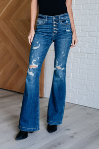 JUDY BLUE: Gabriella Mid Rise Distressed Button Fly Flare