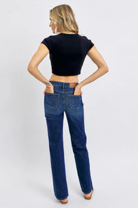 JUDY BLUE: Mid Rise Tummy Control Crop straight jean