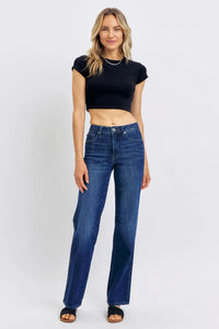 JUDY BLUE: Mid Rise Tummy Control Crop straight jean