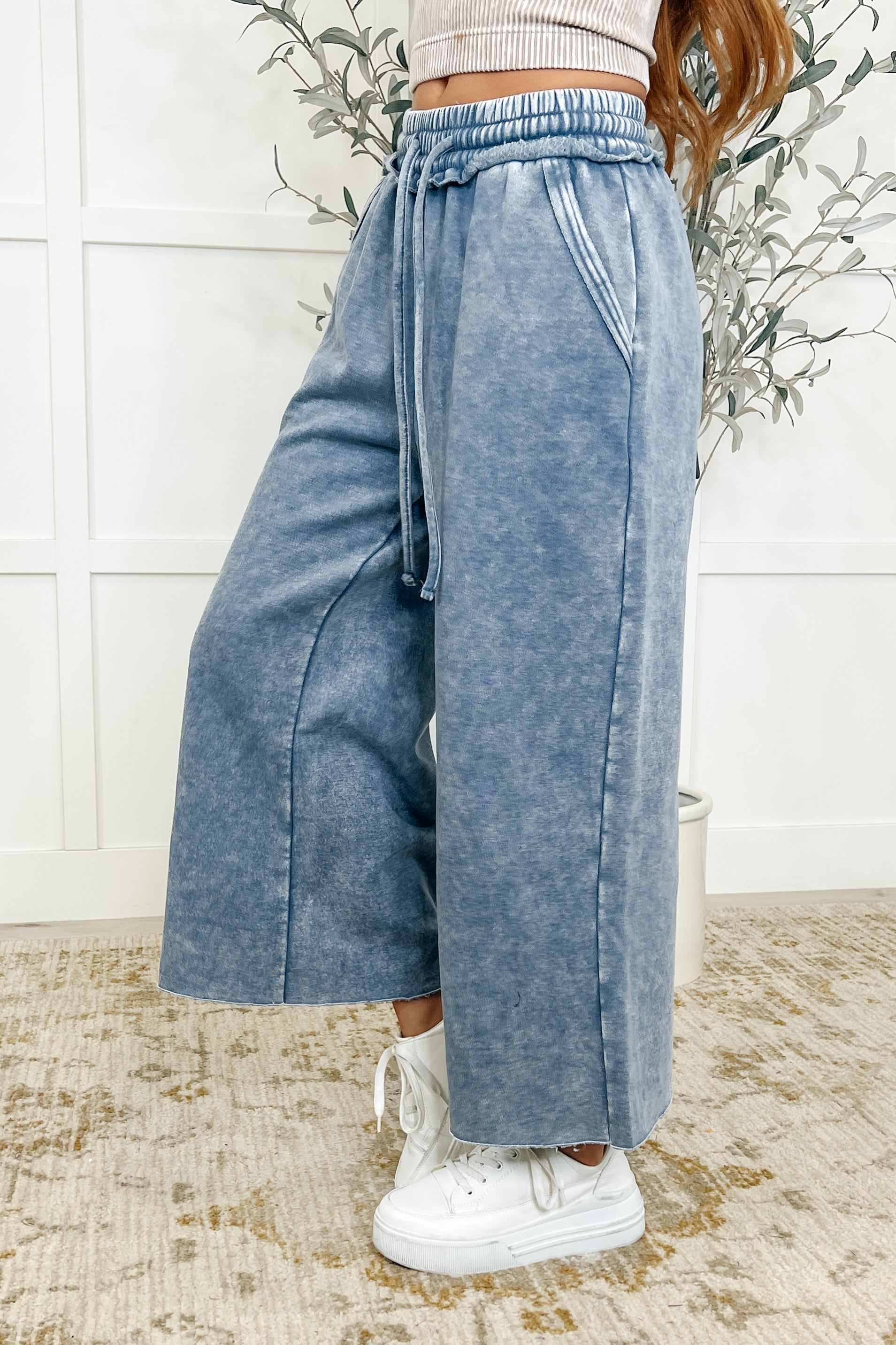 In or Out Wide Leg Cropped Pants Blue Grey