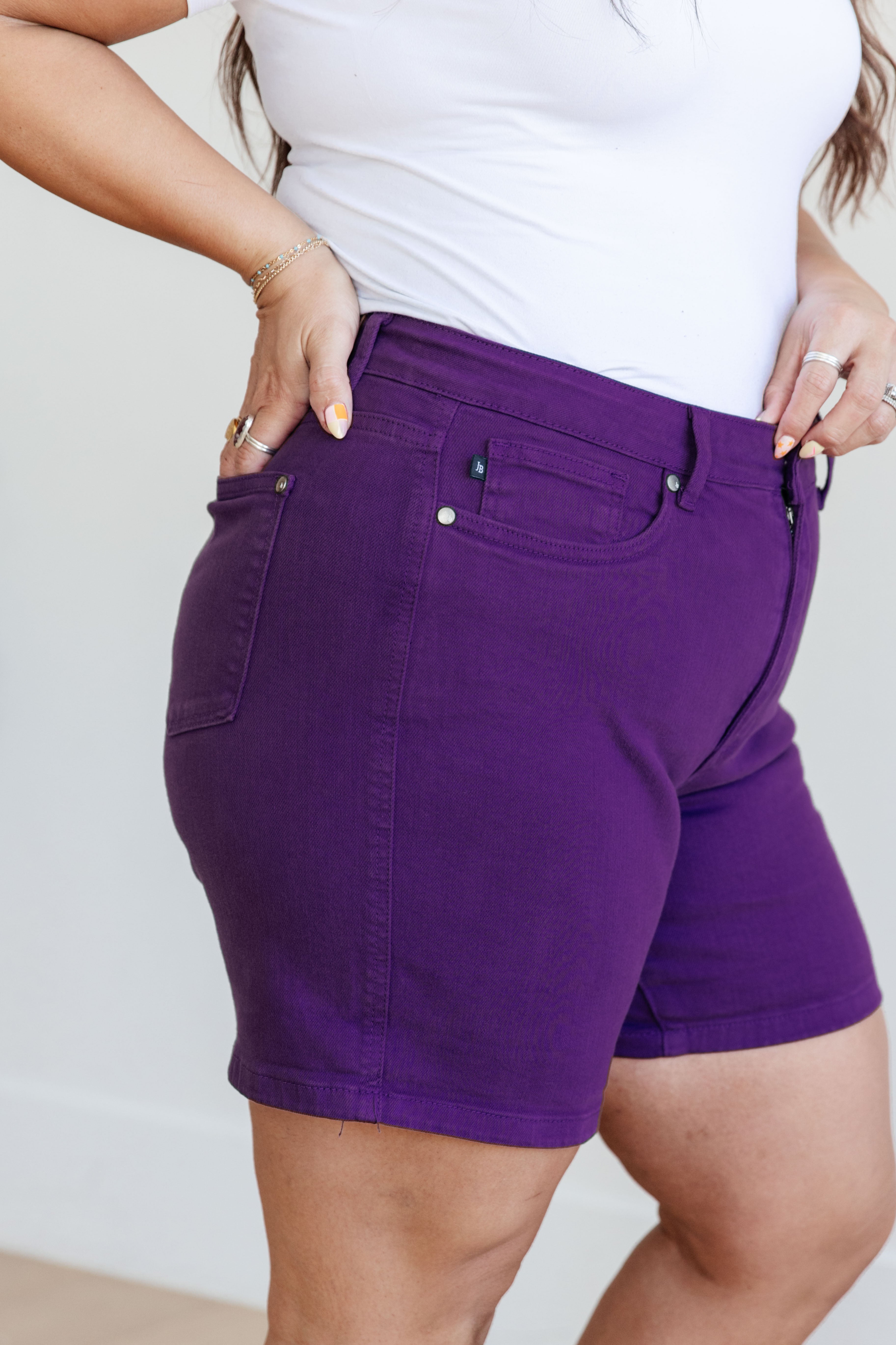 JUDY BLUE Jenna High Rise Control Top Cuffed Shorts in Purple