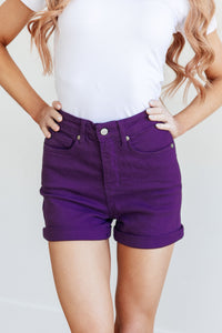 JUDY BLUE Jenna High Rise Control Top Cuffed Shorts in Purple