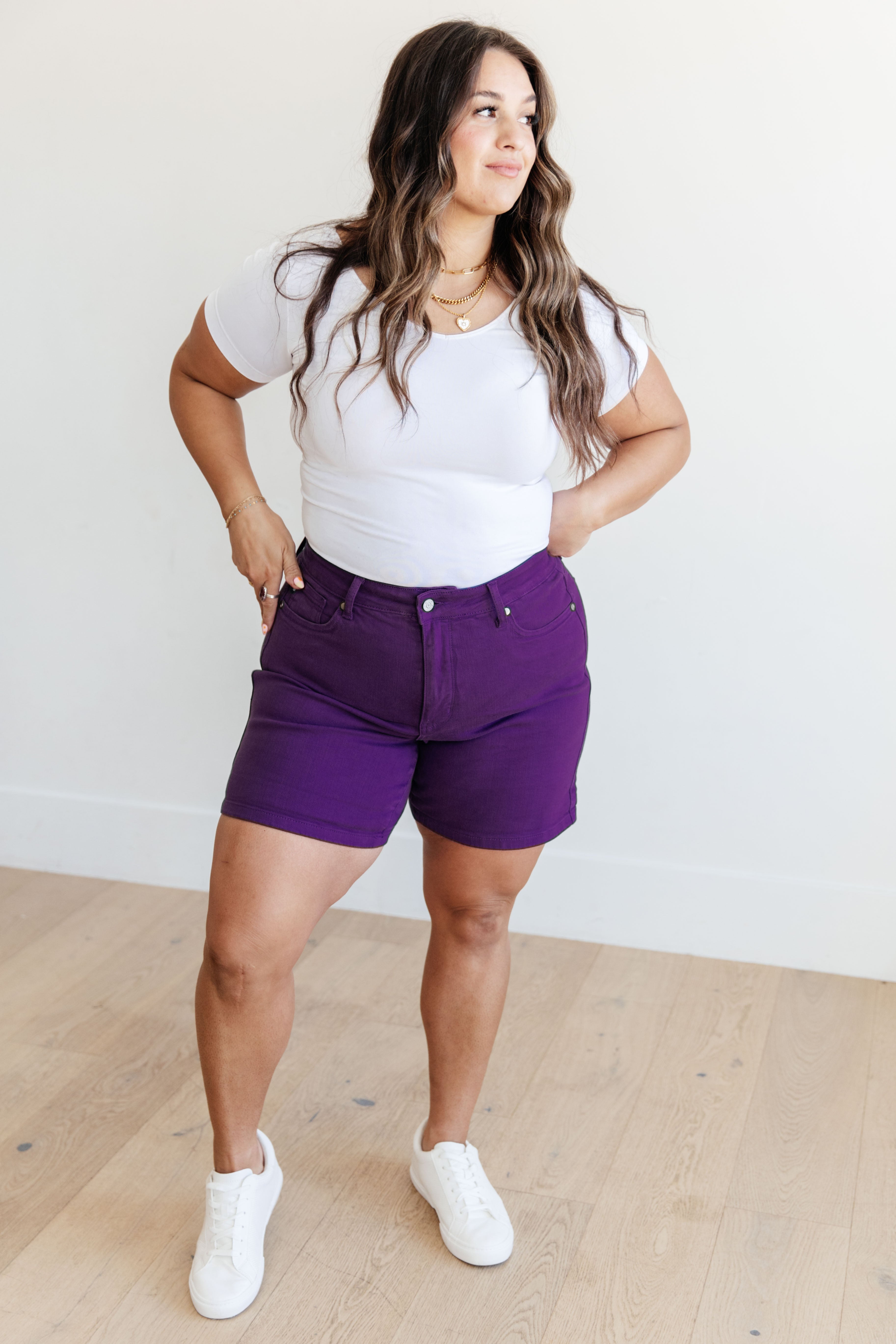 JUDY BLUE Jenna High Rise Control Top Cuffed Shorts in Purple