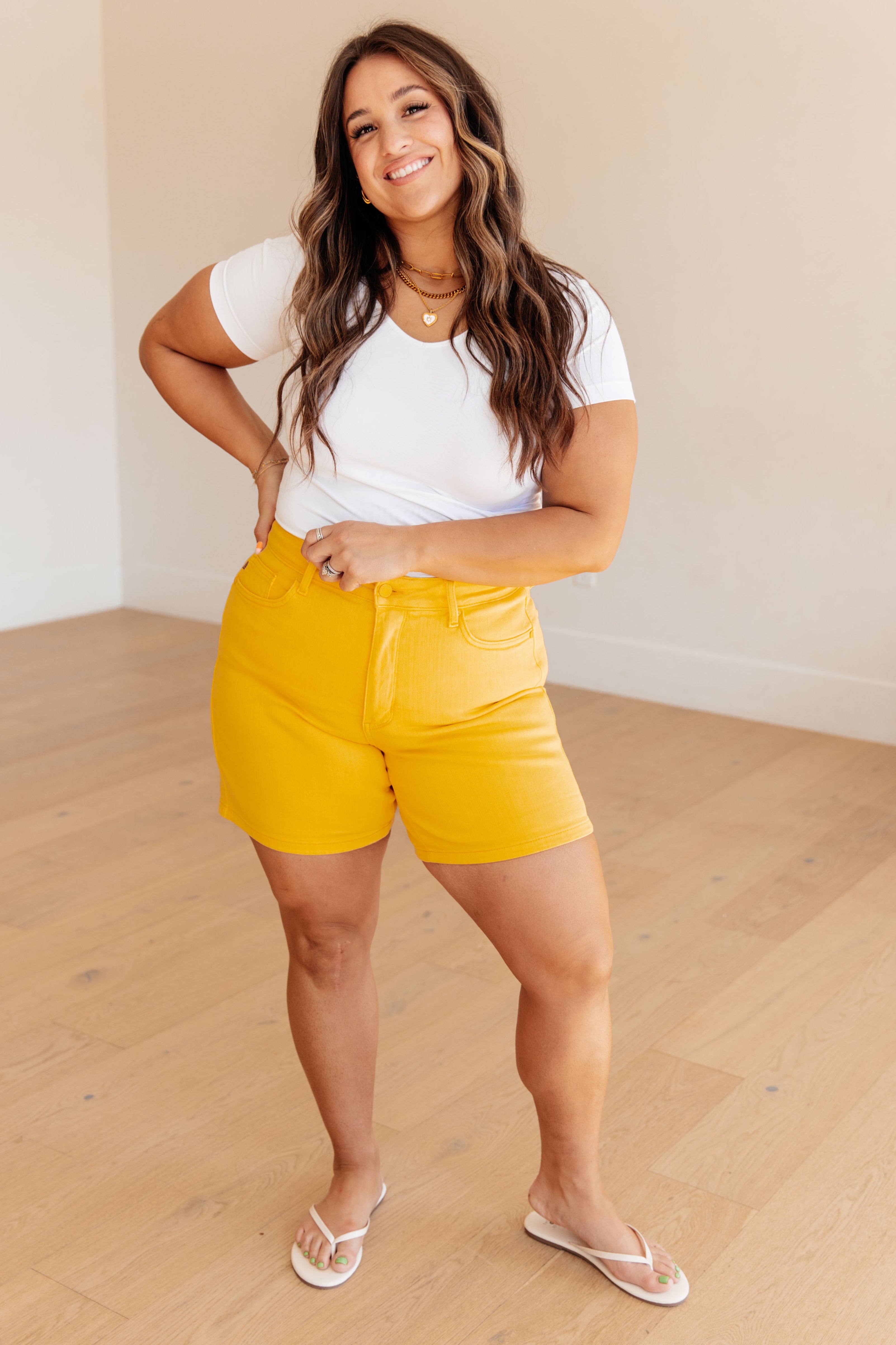 JUDY BLUE Jenna High Rise Control Top Cuffed Shorts in Yellow