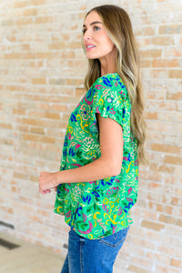 Lizzy Cap Sleeve Top in Green and Royal Watercolor Floral