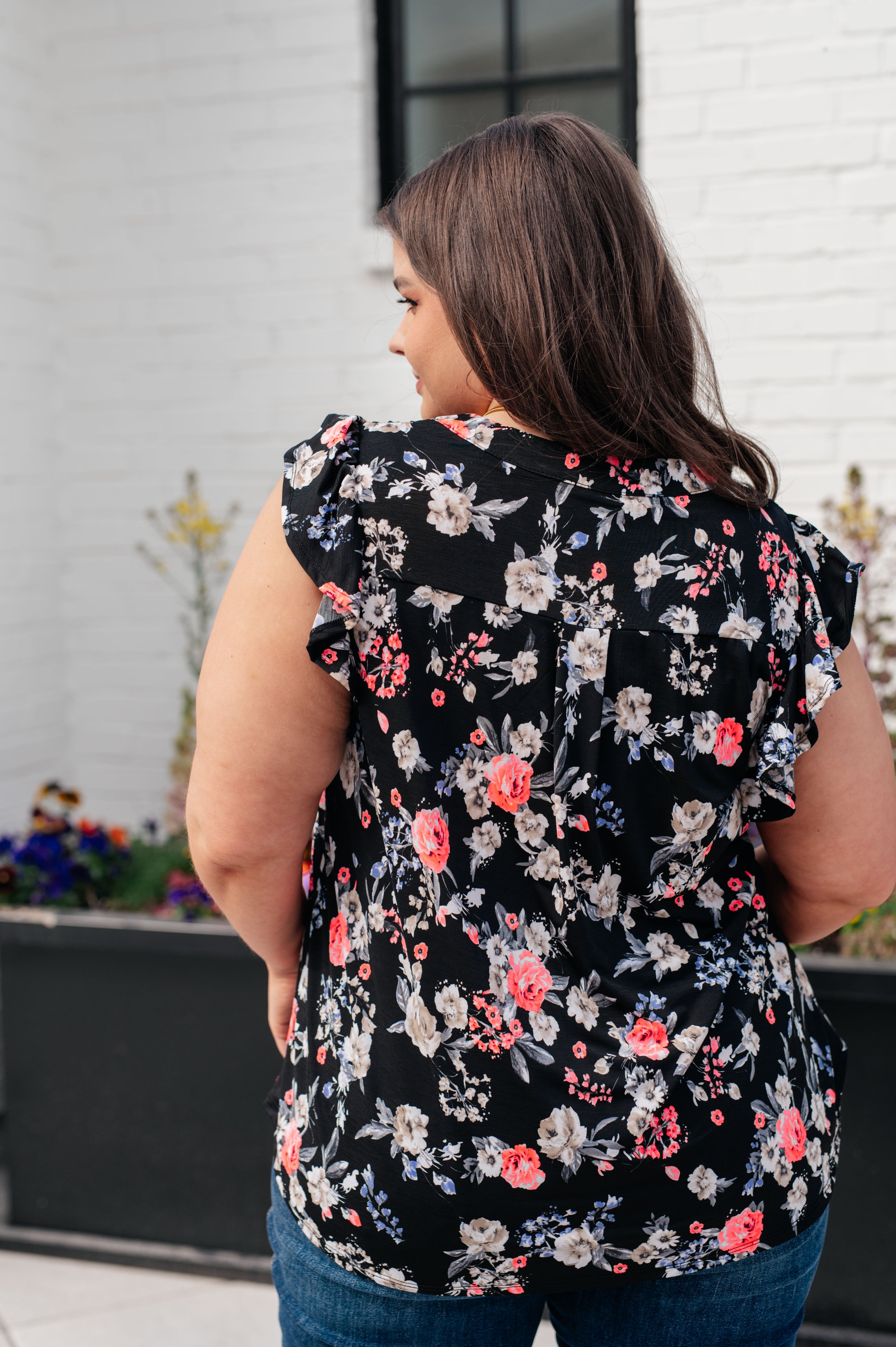 Lizzy Flutter Sleeve Top in Black and Muted Pink Floral