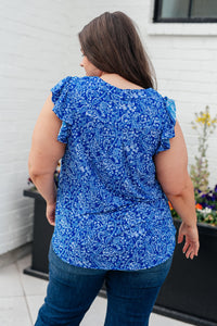 Lizzy Flutter Sleeve Top in Royal Blue and White Floral