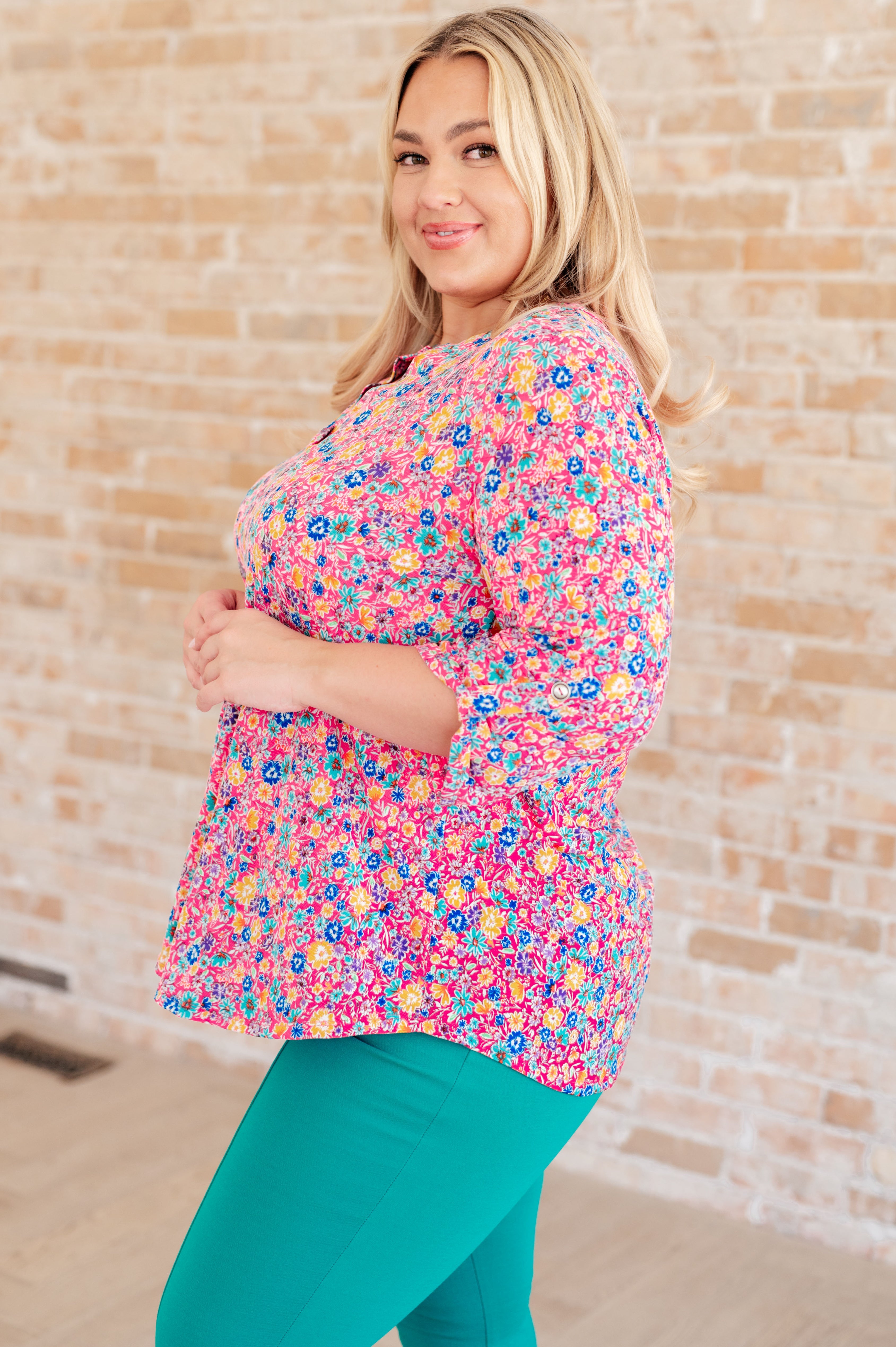 Lizzy Top in Hot Pink and Turquoise Ditsy Floral