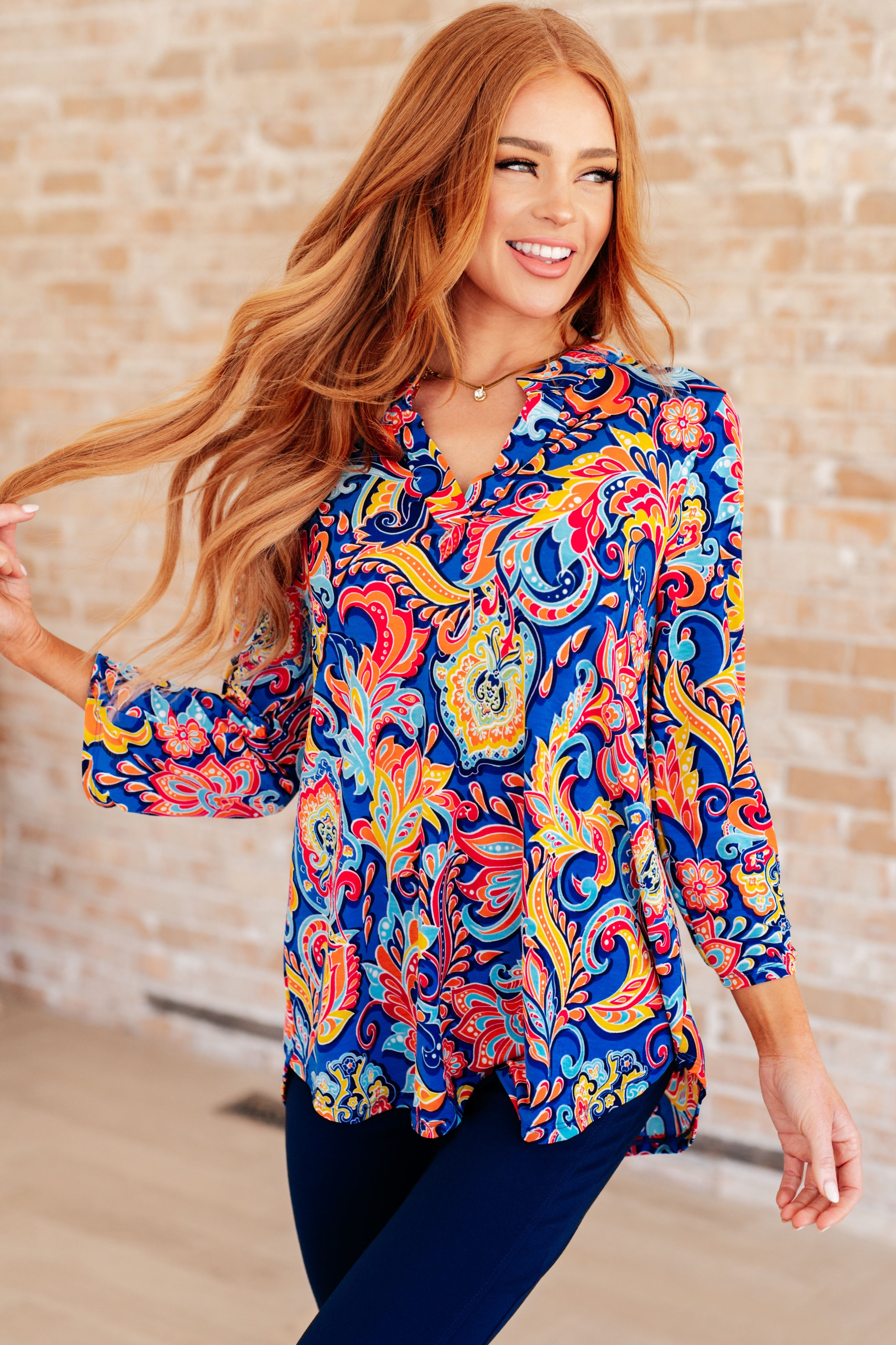 Lizzy Top in Royal and Orange Paisley