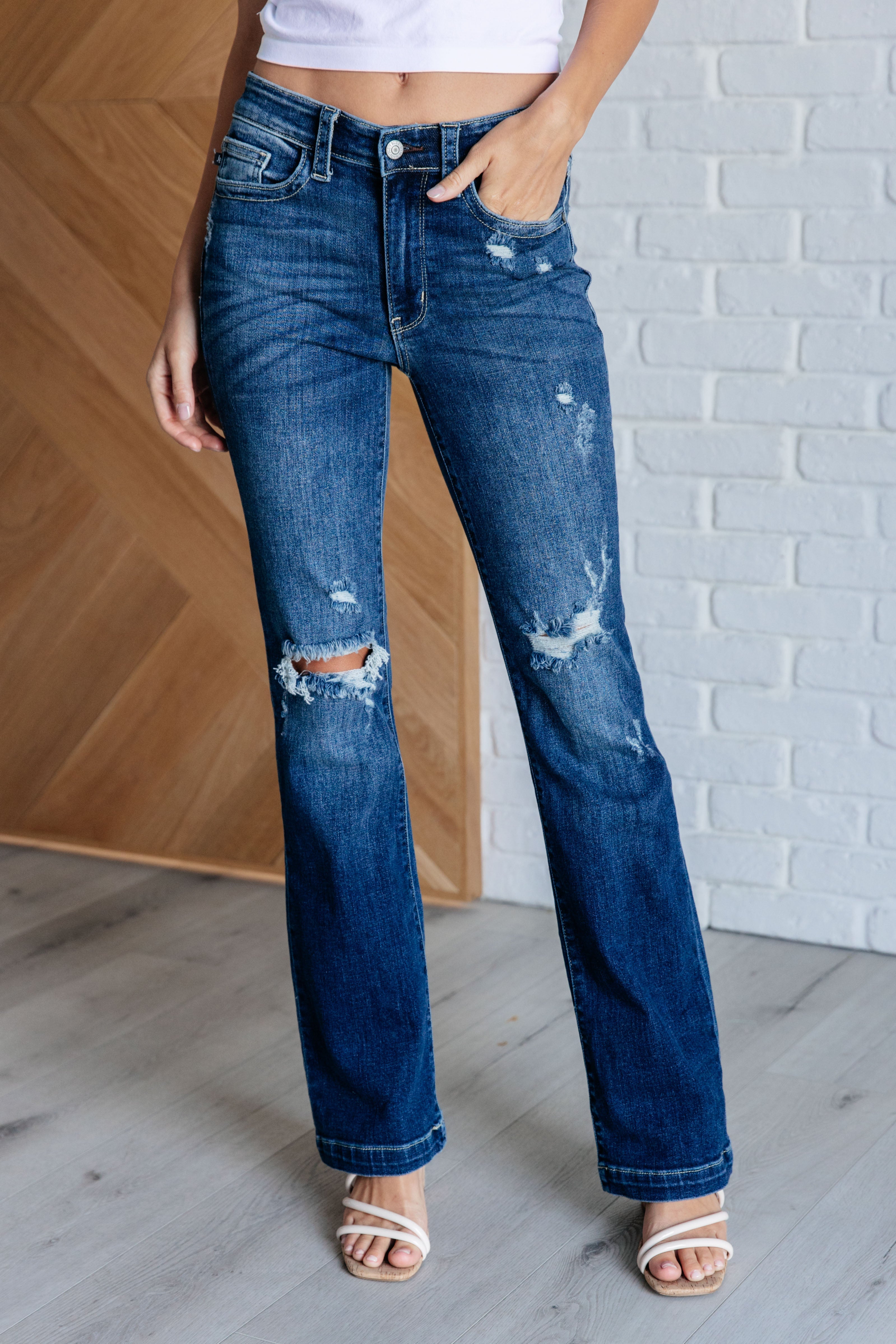 JUDY BLUE: Mila Mid Rise Distressed Bootcut Jeans