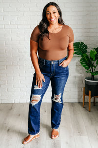 JUDY BLUE: Montana High Rise Rigid Magic Distressed Straight Jeans