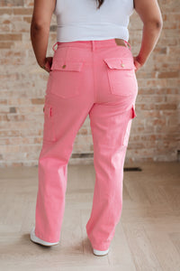 JUDY BLUE Peggy High Rise Cargo Straight Jeans in Pink