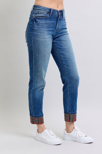 JUDY BLUE: Plaid Print Cuff Straight Leg Jeans with Pockets