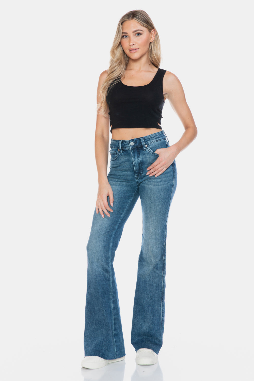 JUDY BLUE: MIDRISE Tummy Control Cut Hem Flare Jeans