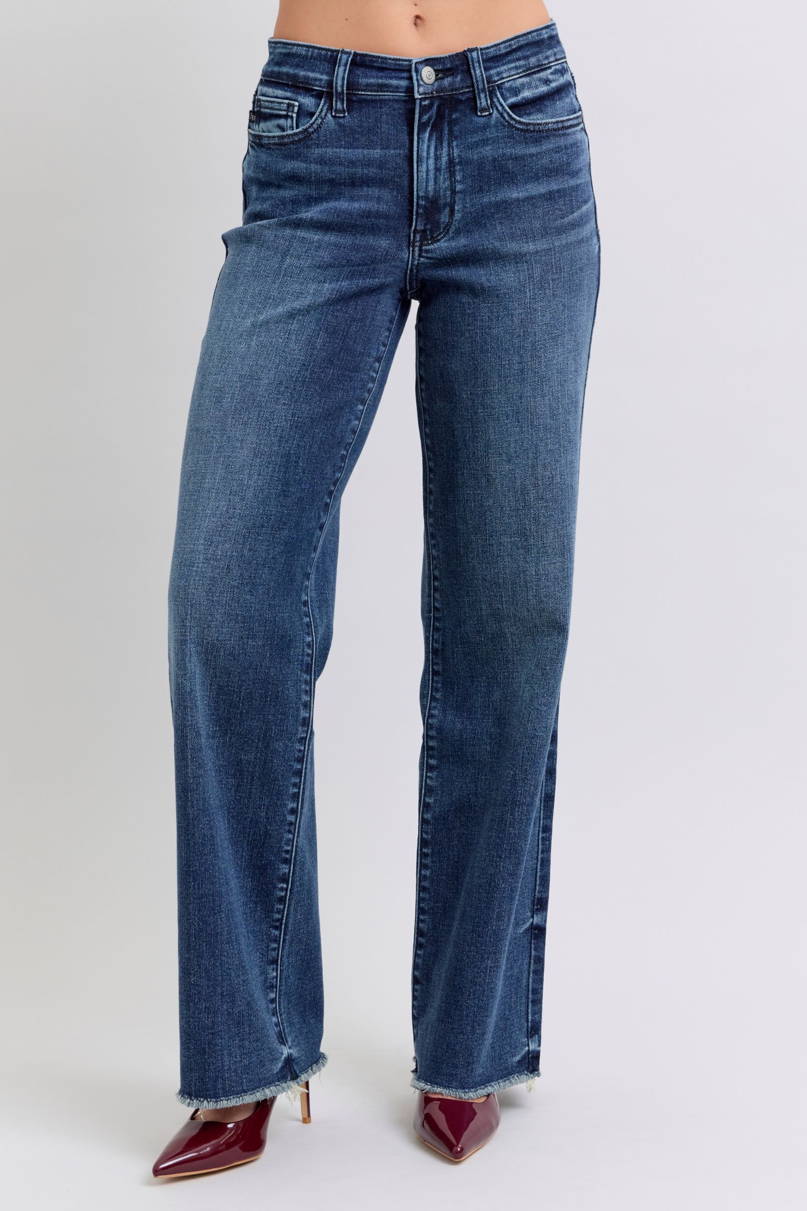 JUDY BLUE: Raw Hem Mid Rise Jeans