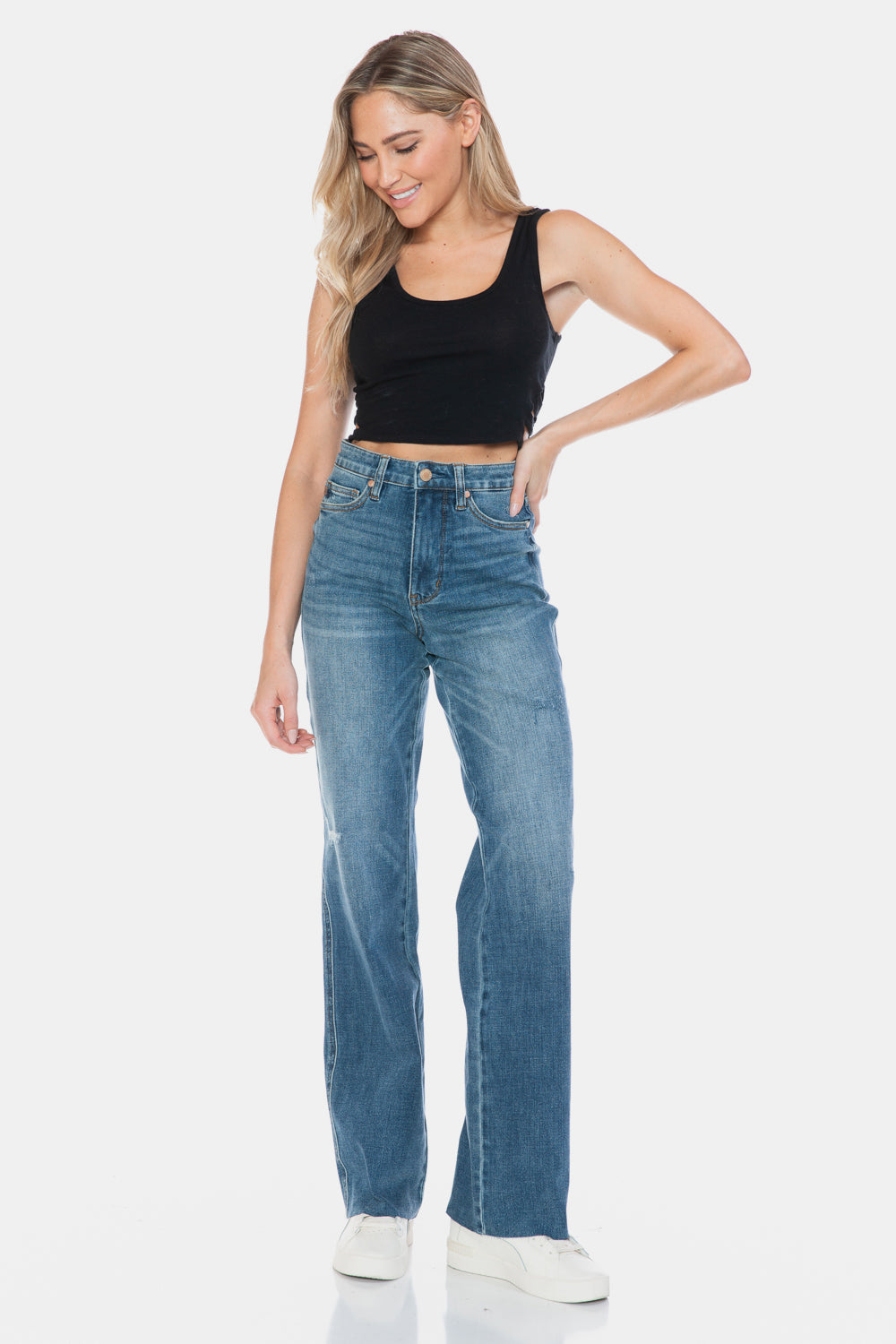 JUDY BLUE : Tummy Control Cut Raw Hem Straight Jeans