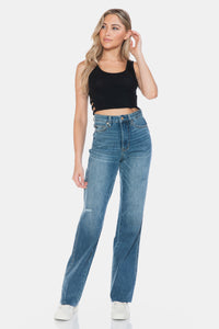 JUDY BLUE : Tummy Control Cut Raw Hem Straight Jeans