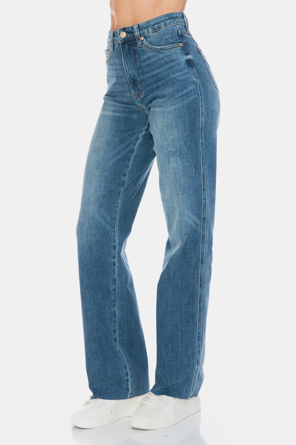 JUDY BLUE : Tummy Control Cut Raw Hem Straight Jeans