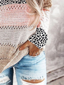 Openwork Leopard Drawstring Hooded Sweater