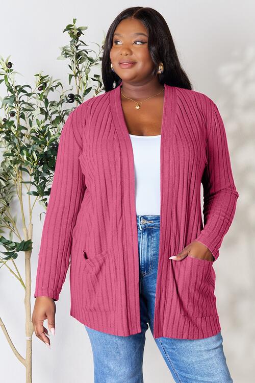 Full Size Ribbed Open Front Cardigan with Pockets