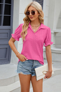 Eyelet Johnny Collar Short Sleeve Blouse