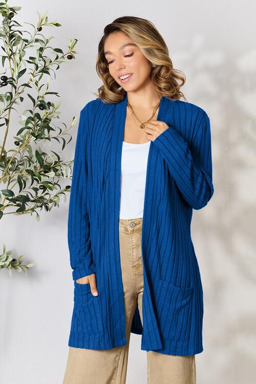 Full Size Ribbed Open Front Cardigan with Pockets