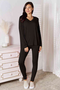 Full Size V-Neck Soft Rayon Long Sleeve Top and Pants Lounge Set