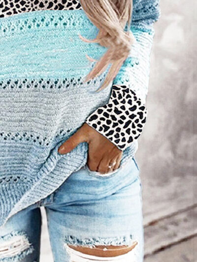 Openwork Leopard Drawstring Hooded Sweater