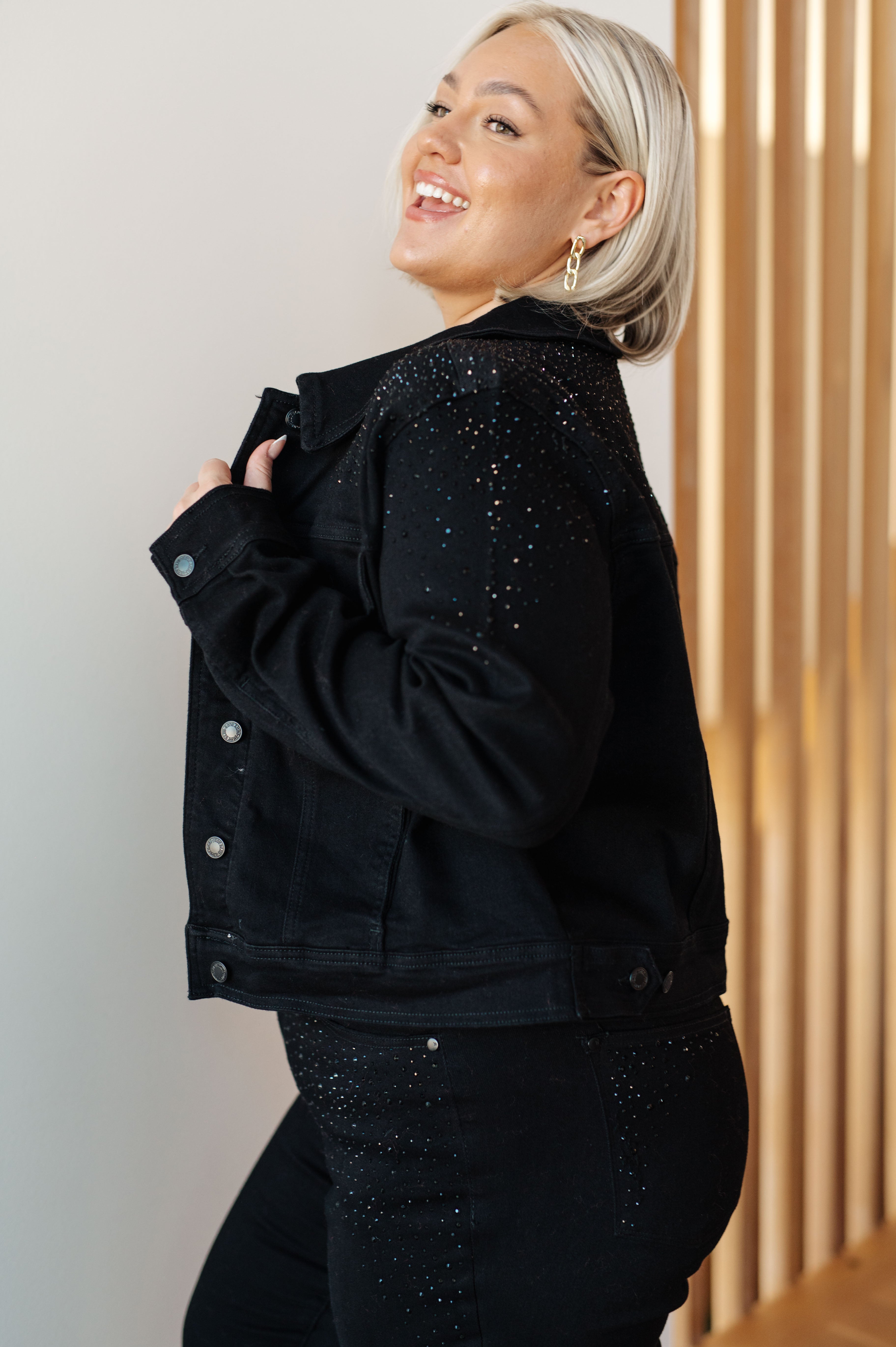 JUDY BLUE Reese Rhinestone Denim Jacket in Black