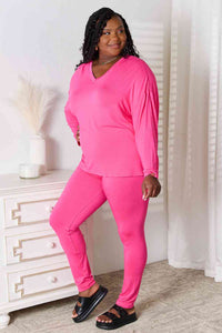 Full Size V-Neck Soft Rayon Long Sleeve Top and Pants Lounge Set