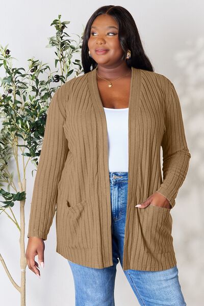 Full Size Ribbed Open Front Cardigan with Pockets