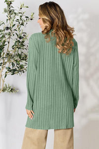 Full Size Ribbed Open Front Cardigan with Pockets