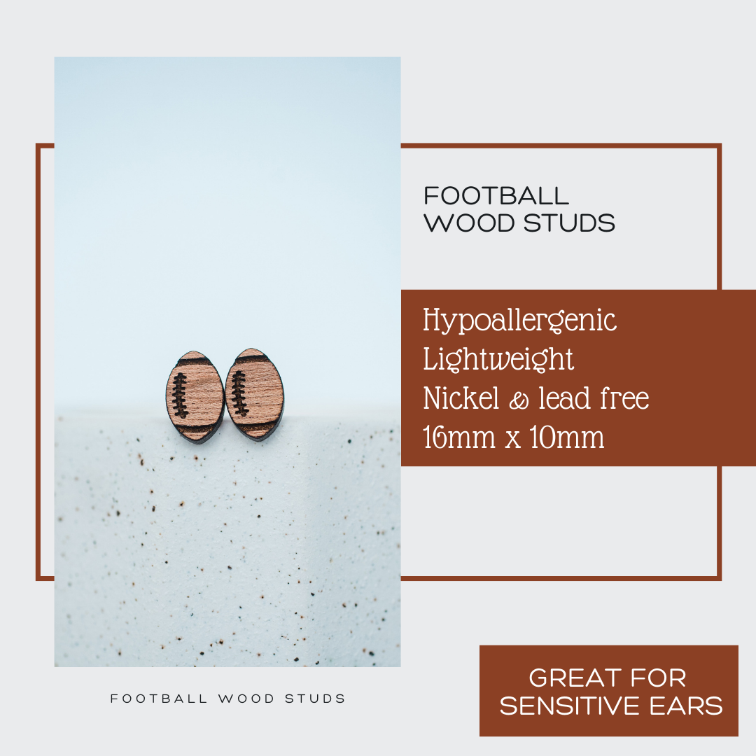Wood football stud earrings